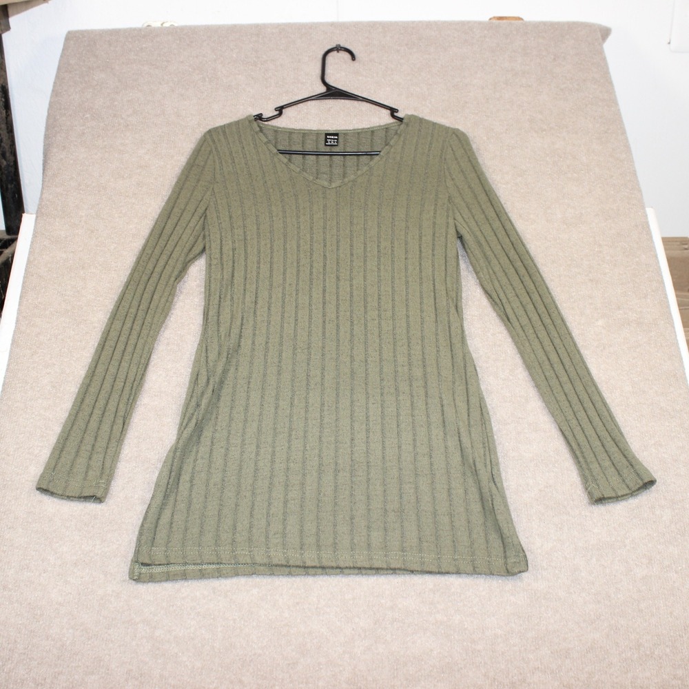 SHEIN Olive Green Ribbed Knit V-Neck Long Sleeve Top Medium